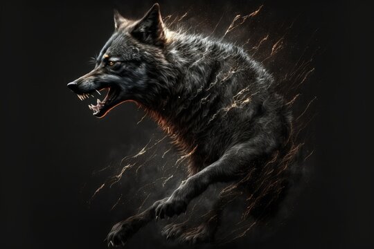 A black wolf fighting on a black background. Generative AI