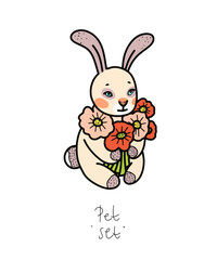 Color clip art of a pet on a white or transparent background. From a vector large set. Hare, hamster, cat, dog, mouse, raccoon, fox, kittens, toys, parrot