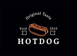 Vintage Hotdog Logo Vector. Fast food hotdog Illustration for street food.