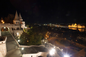 The tower of Fisherman's Bastion at night, Budapest, Hungary.