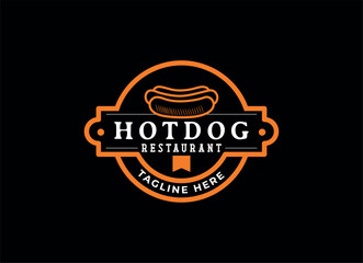Fototapeta premium Vintage Hotdog Logo Vector. Fast food hotdog Illustration for street food.