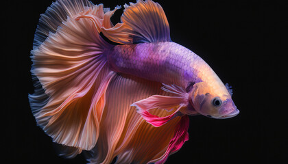Fototapeta premium 8k, realistic photo, high detailed, macro view, beautiful betta fish underwater photography isolated on black background. Generative ai