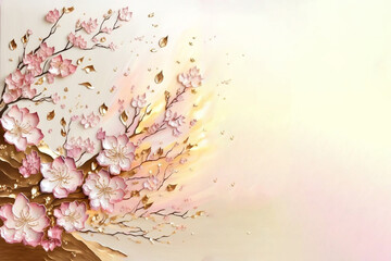 Minimalist sakura cherry blossom pink and gold greeting card template illustration