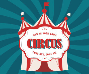 Circus poster. World Circus Day. Image of a vintage circus tent with a large inscription Circus on a dark blue background with diverging rays. Vector Illustration EPS10