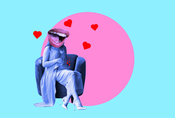 Art collage, modern art, woman with big lips, woman sitting pregnant on a chair.