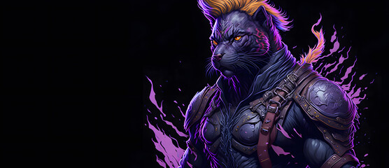 A colorful abstract portrait muscular cat on black background. Generative AI.