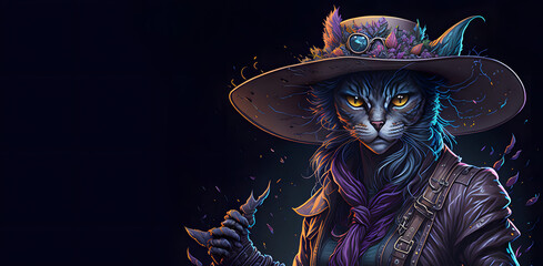 A colorful portrait of a steampunk cat on black background. Generative AI.