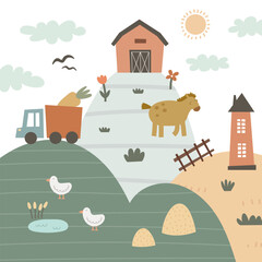 Cute cartoon farm landscape . Vector colorful illustration for kids, flat style. hand drawing. Baby design for cards, print, posters