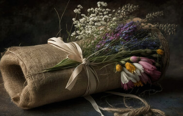 bag tied with a small bunch of colorful flowers, jute bag, decoration