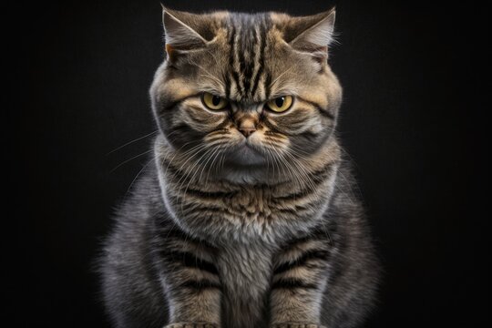 Grumpy British tabby cat on a black background. Generative AI