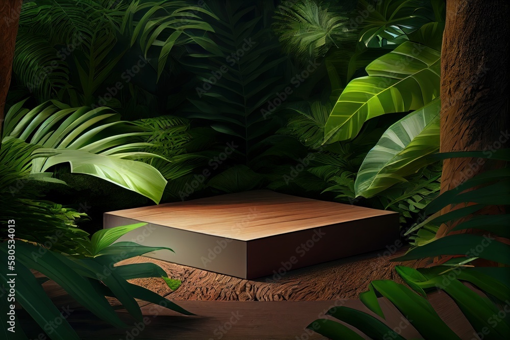 Poster generative ai of a wooden platform in the jungle with palm leaves.