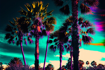 Tropical colorful neon palm landscape background