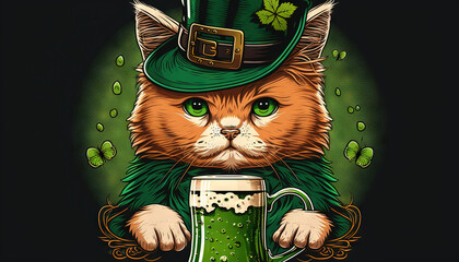 St. Patrick's Day celebration background. Leprechaun cat in the green hat with beer pint Generative ai