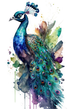 Illustration peacock in watercolor. Animal on a white background, generative AI