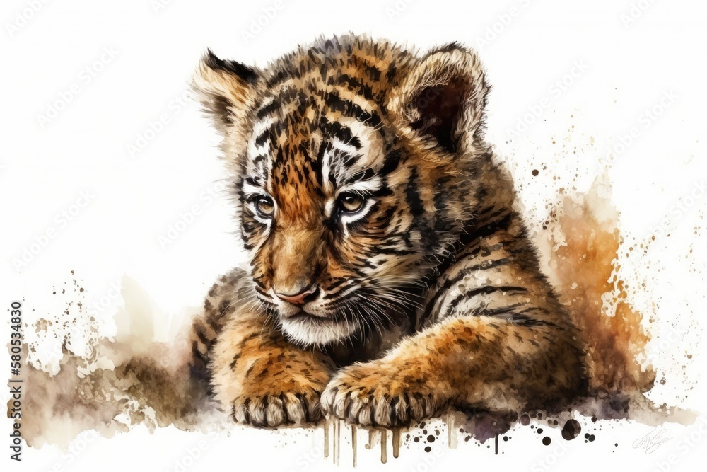 Sticker Watercolor of a baby tiger or tiger cub on a white background. Animal. Watercolor. Illustration. Generative AI