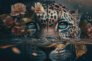abstract background picture, leopard with blue eyes, snout under water, flowers