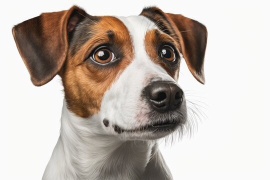 Portrait of a happy and sad Jack Russell Terrier dog breed, up close, on a white background. Generative AI