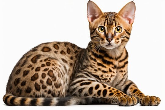 Bengal cat sitting on a white background at full size. Generative AI