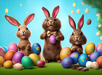 3d poster with three Easter bunnies with colorful easter eggs on colorful background. Generative AI.