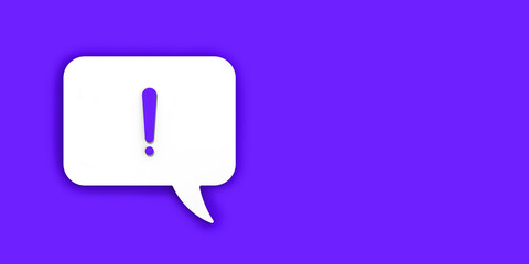 Blue exclamation mark on a white message board. Alarm signal in the phone. Danger alert. Message on a blue background. Horizontal image. Banner for insertion into site. 3D image. 3D rendering.