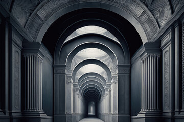very long corridor with many round arches, large castle, built of white stone