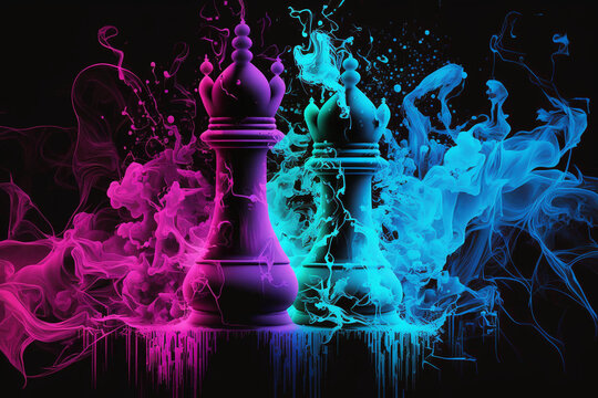 Large chess pieces. An explosion of pink and blue powder paint. Generative AI.