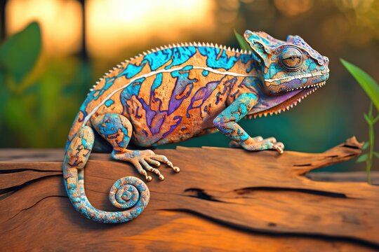 Beautiful color of the chameleon panther, chameleon panther on wood with natural background. Generative AI