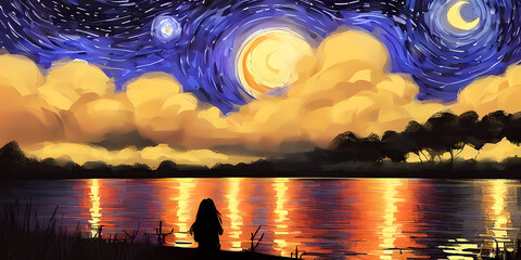 starry night at the lake, impresionist style illustration