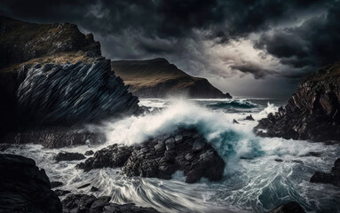strong wind and big waves meet a rocky coast, dark clouds in the sky