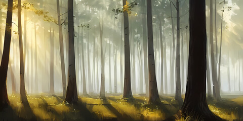 sunrise in the forest, misty landscape