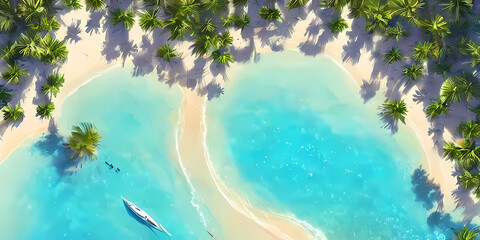 aerial view beach with palm trees, illustration 