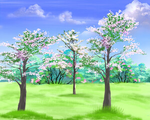 Fototapeta na wymiar Blooming fruit trees in the garden illustration