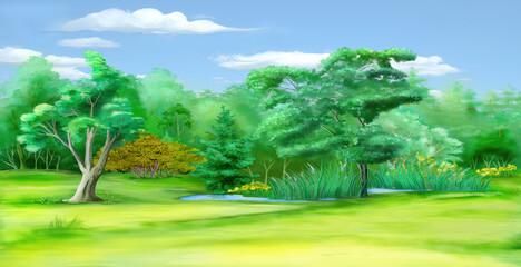 Small pond in a forest clearing illustration