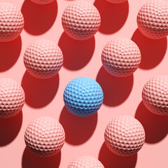 Blue golf ball standing out from the crowd among pink golf balls. Golf balls in a row.