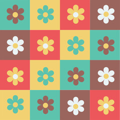 Seamless vector pattern with colorful groovy flowers .70s, 80s, 90s vibes plaid background. Abstract daisy and camomile on squares.
