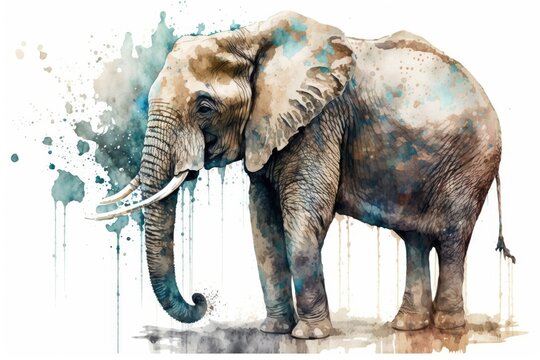 A painting of an elephant in watercolor on a white background. Hand sketch grunge illustration. Generative AI