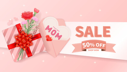 Pink vector sale banner with I love mom card, gift and bouquet of carnations