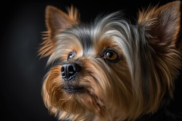 Portrait of a Yorkshire Terrier up close. Cute little brown haired dog, puppy, or doggy with a close up shot of its face looking far away. Wallpaper and background with a dog theme. Animal from home