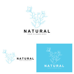 Fototapeta na wymiar Simple Botanical Leaf and Flower Logo, Vector Natural Line Style, Decoration Design, Banner, Flyer, Wedding Invitation, and Product Branding