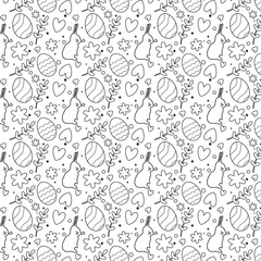 Drawn Easter seamless pattern outlined on a white background, cute doodle eggs and flowers with hearts in a stroke , great for textiles, banners, wallpaper, wrapping vector design