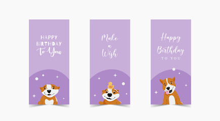 Set of happy birthday postcard with fun corgi, make a wish, retro vintage vector illustration