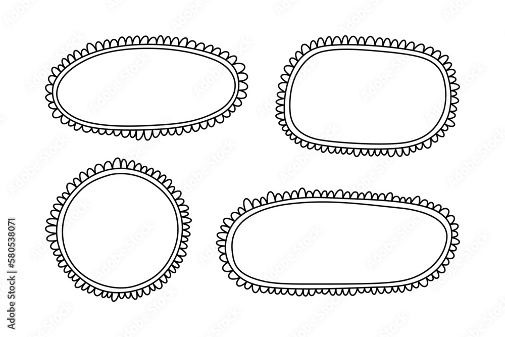 Poster doodle circle and square scalloped frames. hand drawn scalloped edge rectangle and ellipse shapes. s