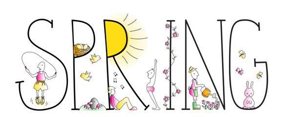 Springtime design with the handwritten word spring decorated with little characters that are into sports, hobbies, or resting