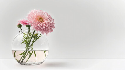 Pink blossom flower in glass vase on table with white background. Copy space. Generative AI