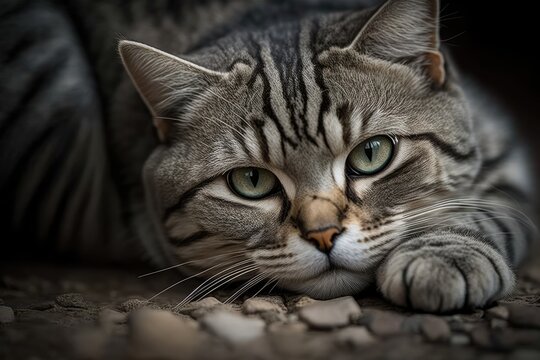 A close up, selective focus picture of a grey cat with stripes lying on the ground. Photo of good quality. Generative AI