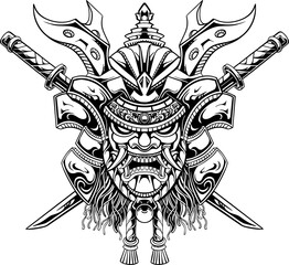 line art of  yasuke  with japanese samurai mask
