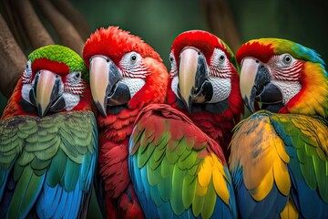 Ara parrots, Scarlet Macaws, and Great Green Macaws, a portrait of four colorful Amazonian parrots in a row that are red and green, are in the center of the picture. Costa Rica, Central America, and a