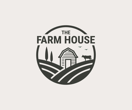 Farm House logo. Cow and field for natural farm products. Vector illustration.