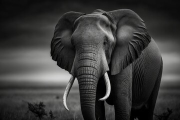 Dramatic black and white portrait of a very old elephant in Tanzania, Africa Serengeti. Generative AI