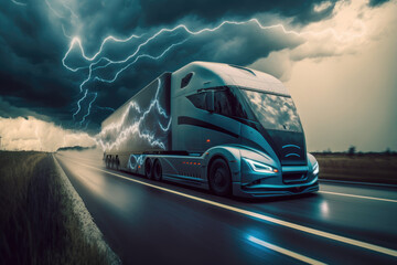 Futuristic electric fully charged truck is speeding on highway like lightning. Generative AI